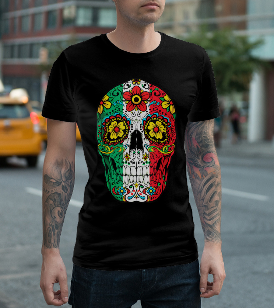 Day Of The Dead Sugar Skull Mexican Flag Flowers Colorful T-Shirt