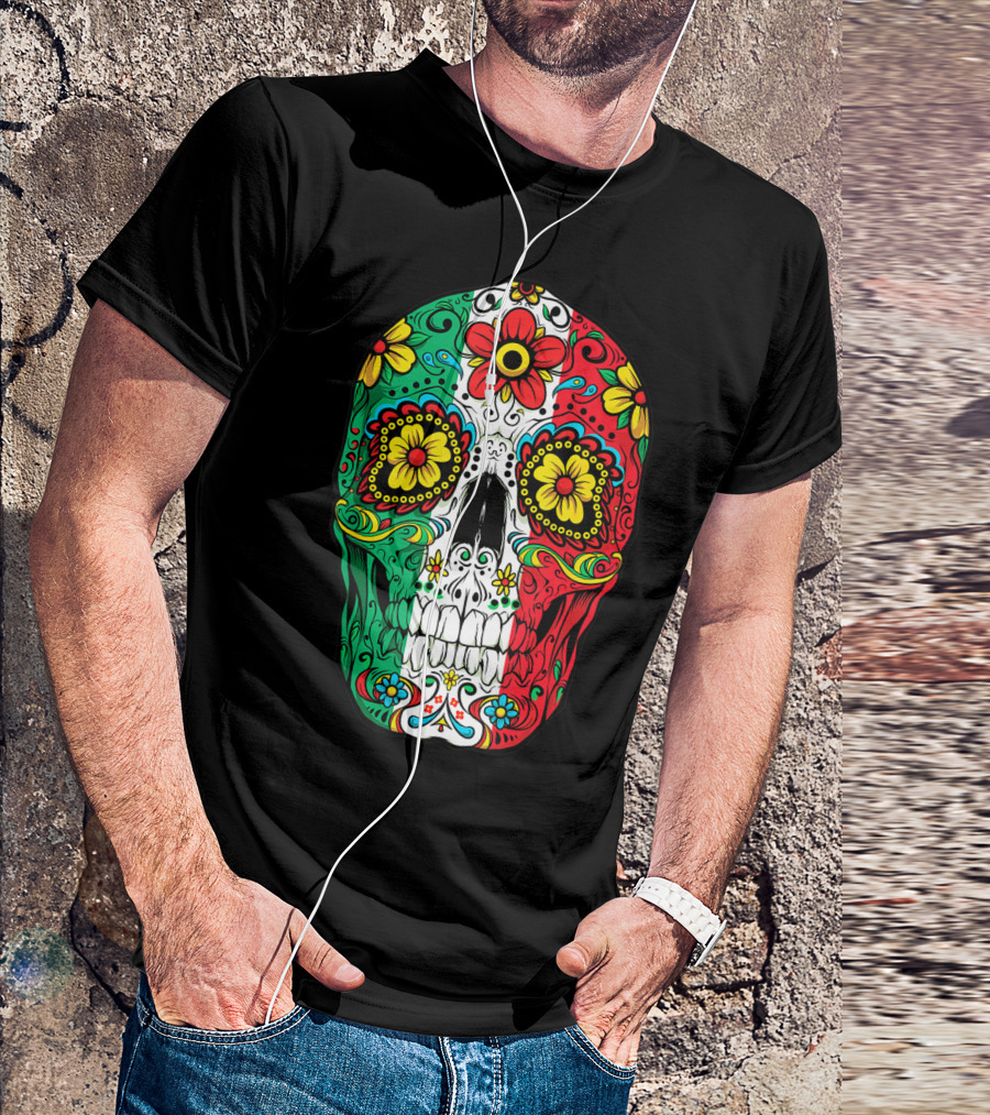 Day Of The Dead Sugar Skull Mexican Flag Flowers Colorful T-Shirt