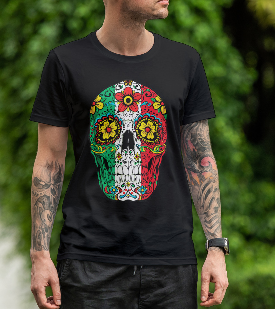 Day Of The Dead Sugar Skull Mexican Flag Flowers Colorful T-Shirt