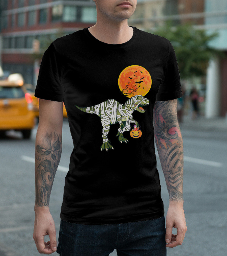 Dinosaur Halloween Mummy with Pumpkin and Full Moon Background T-Shirt