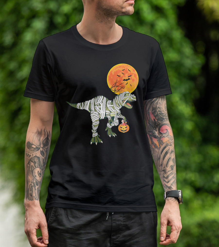 Dinosaur Halloween Mummy With Pumpkin And Full Moon Background T-Shirt