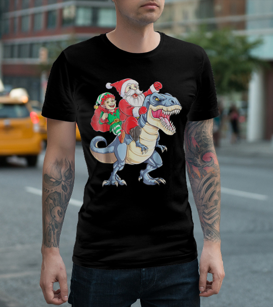 Dinosaur Christmas Santa And Elf Riding T-Rex T-Shirt