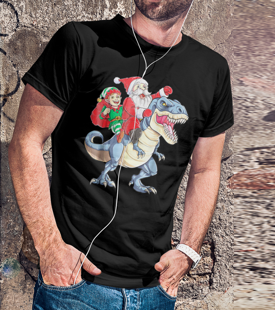 Dinosaur Christmas Santa And Elf Riding T-Rex T-Shirt