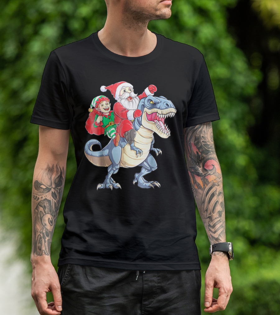 Dinosaur Christmas Santa And Elf Riding T-Rex T-Shirt