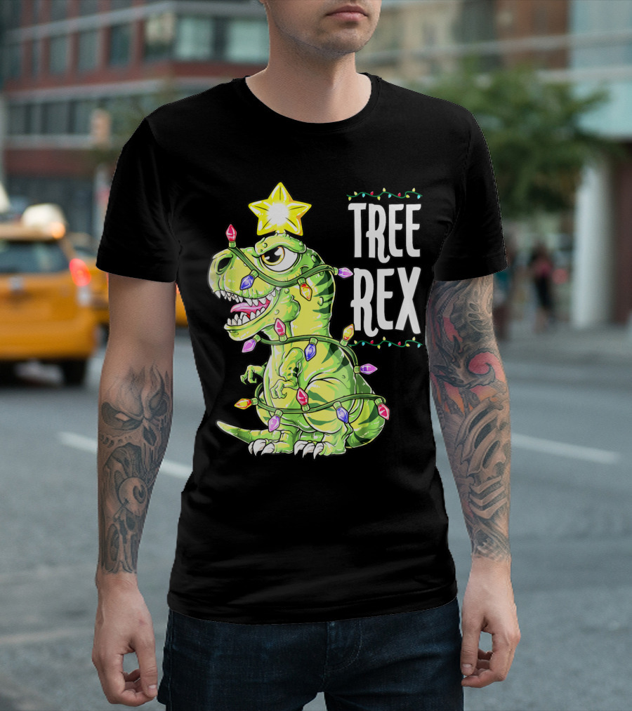 Tree Rex Dinosaur Christmas Lights Boys T-Shirt