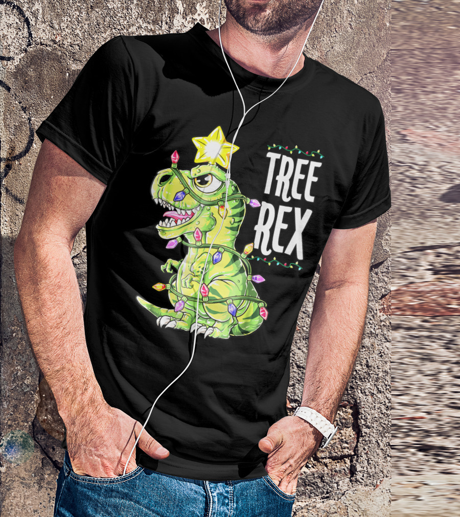 Tree Rex Dinosaur Christmas Lights Boys T-Shirt