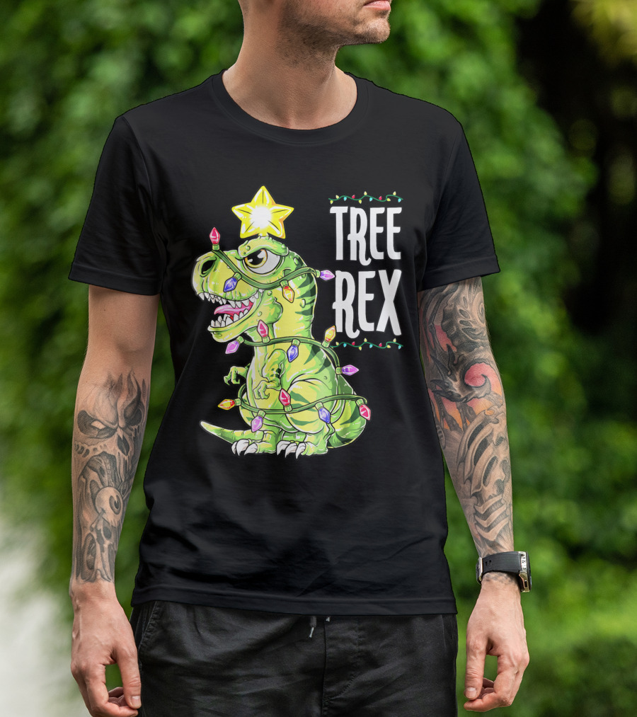 Tree Rex Dinosaur Christmas Lights Boys T-Shirt