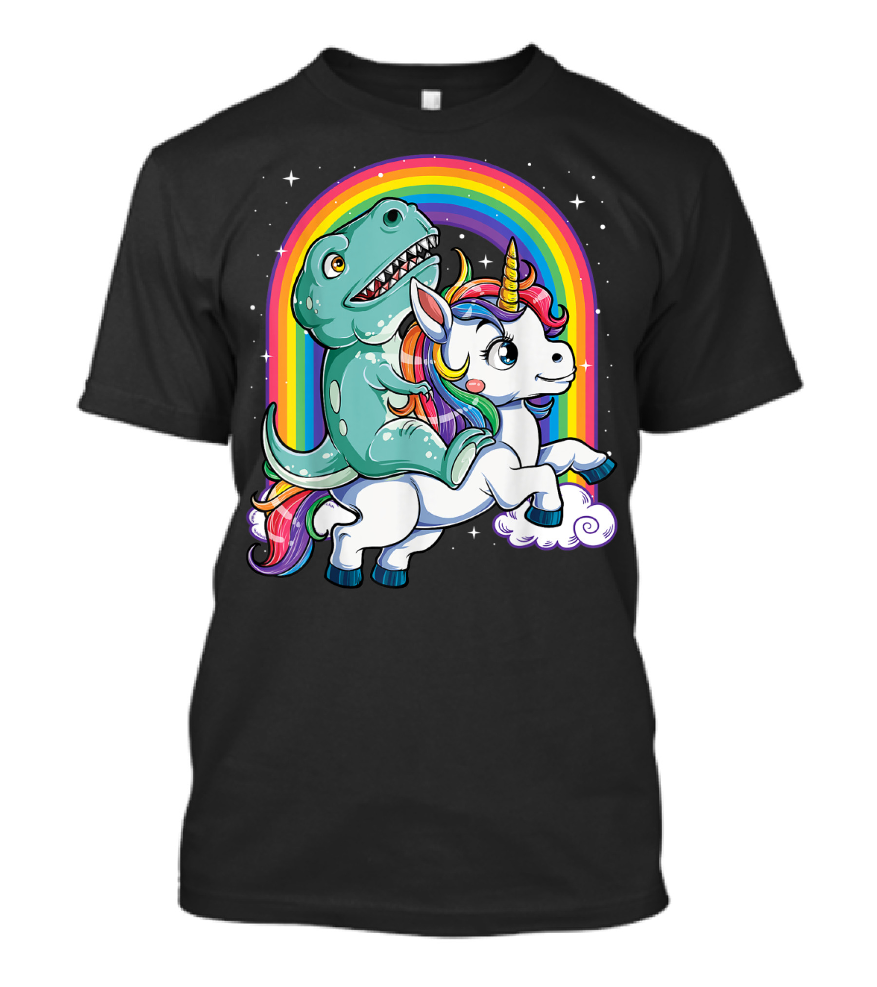 Dinosaur Riding Unicorn Rainbow Rex Sparkle Stars Fantasy T-Shirt