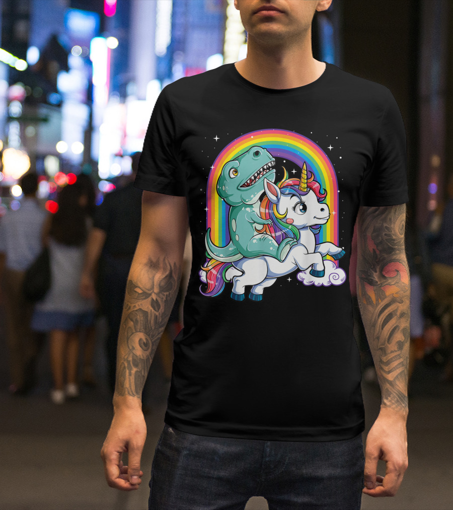 Dinosaur Riding Unicorn Rainbow Rex Sparkle Stars Fantasy T-Shirt