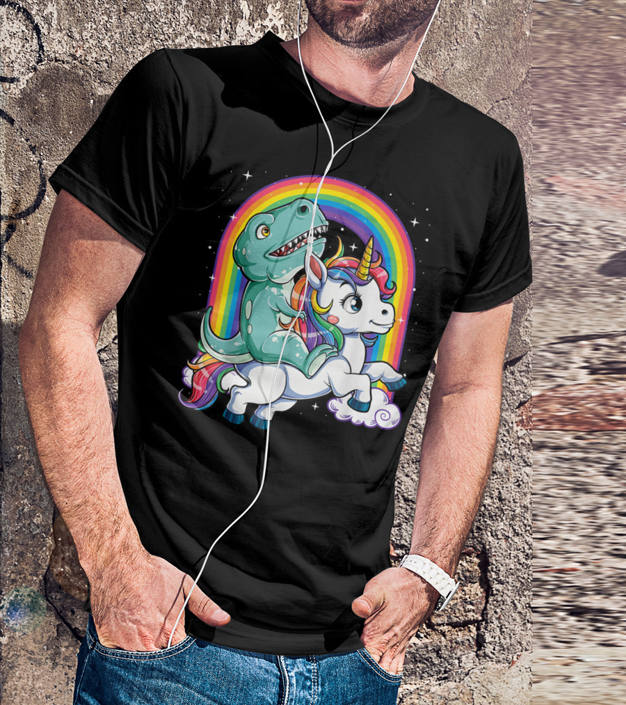 Dinosaur Riding Unicorn Rainbow Rex Sparkle Stars Fantasy T-Shirt