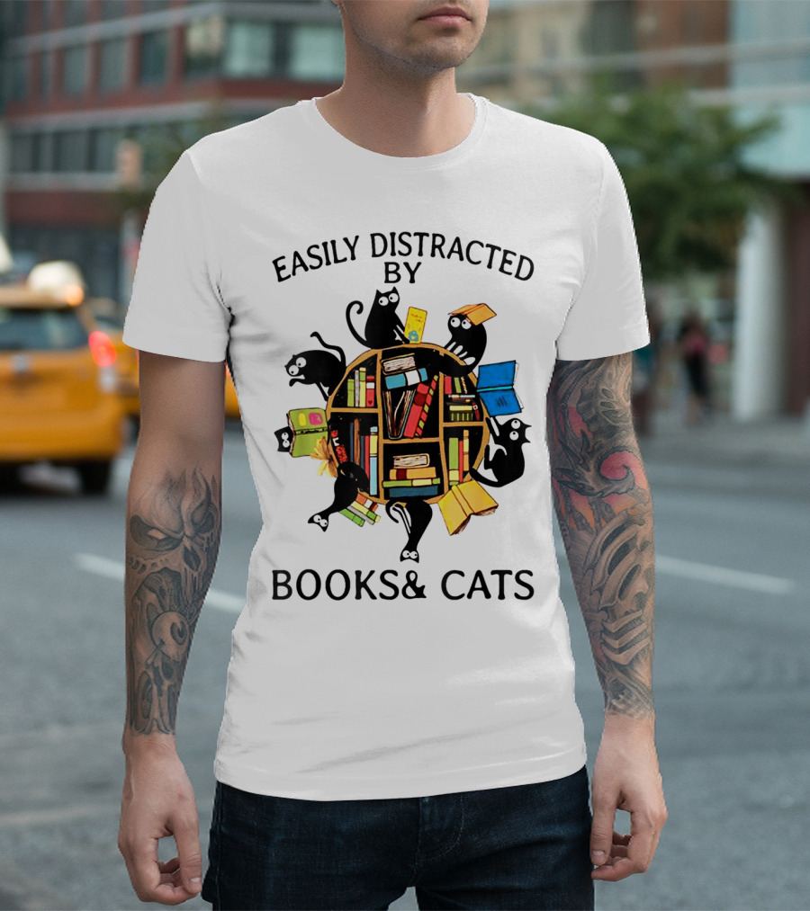 Easily Distracted by Books and Cats with Playful Shelf Cats T-Shirt