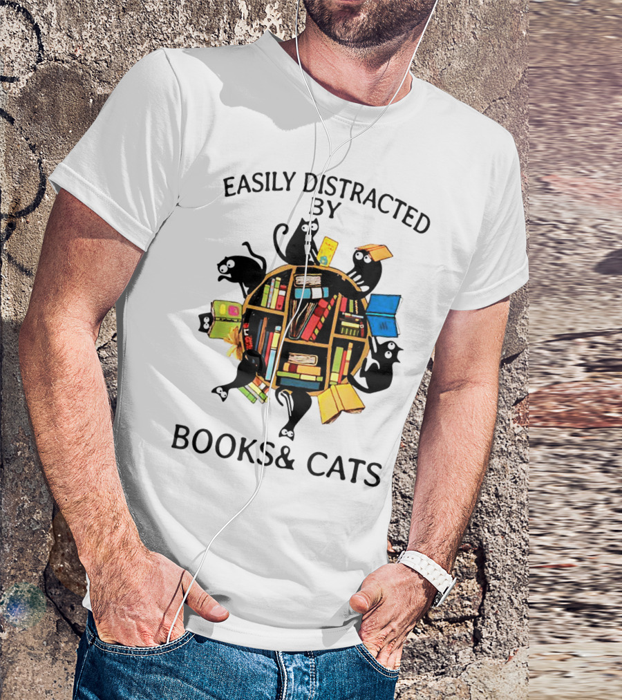 Easily Distracted By Books And Cats With Playful Shelf Cats T-Shirt