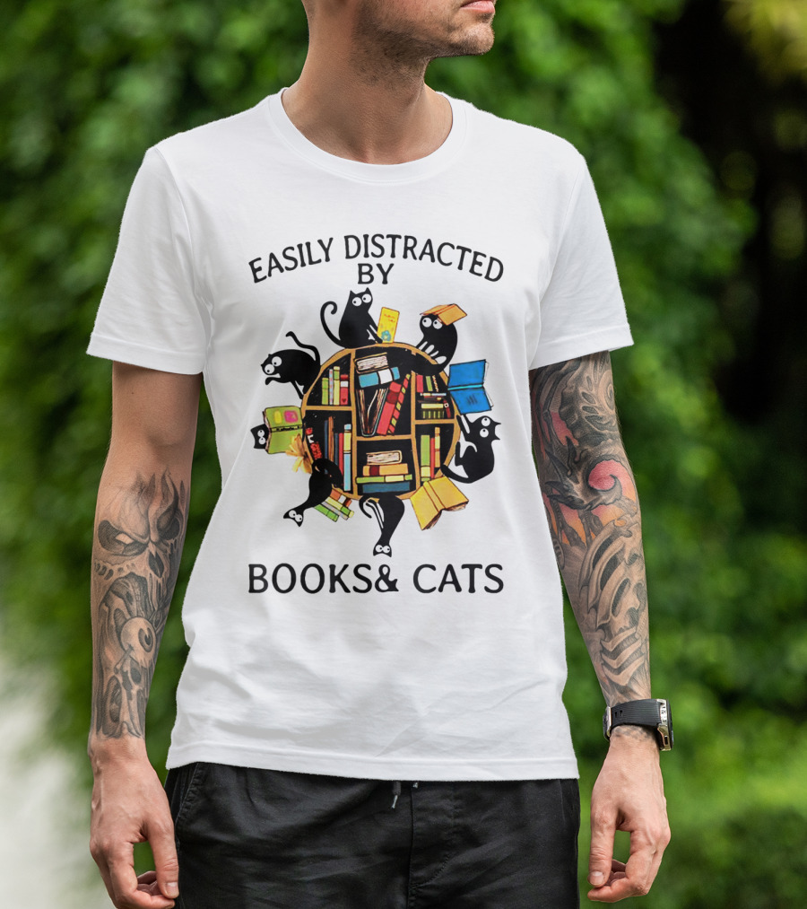 Easily Distracted By Books And Cats With Playful Shelf Cats T-Shirt