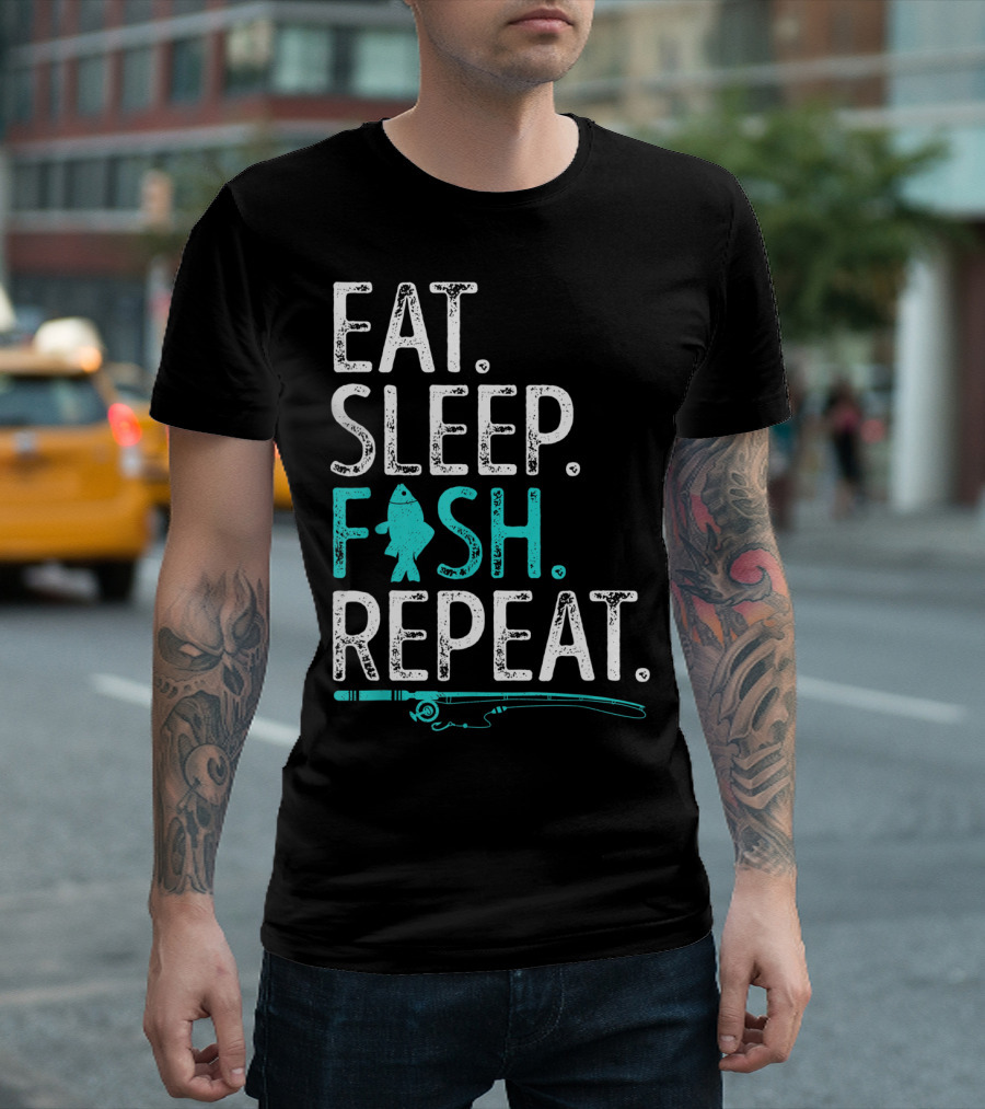 EAT SLEEP FISH REPEAT KIDS FISHING FISHING ROD TEAL FISH T-Shirt
