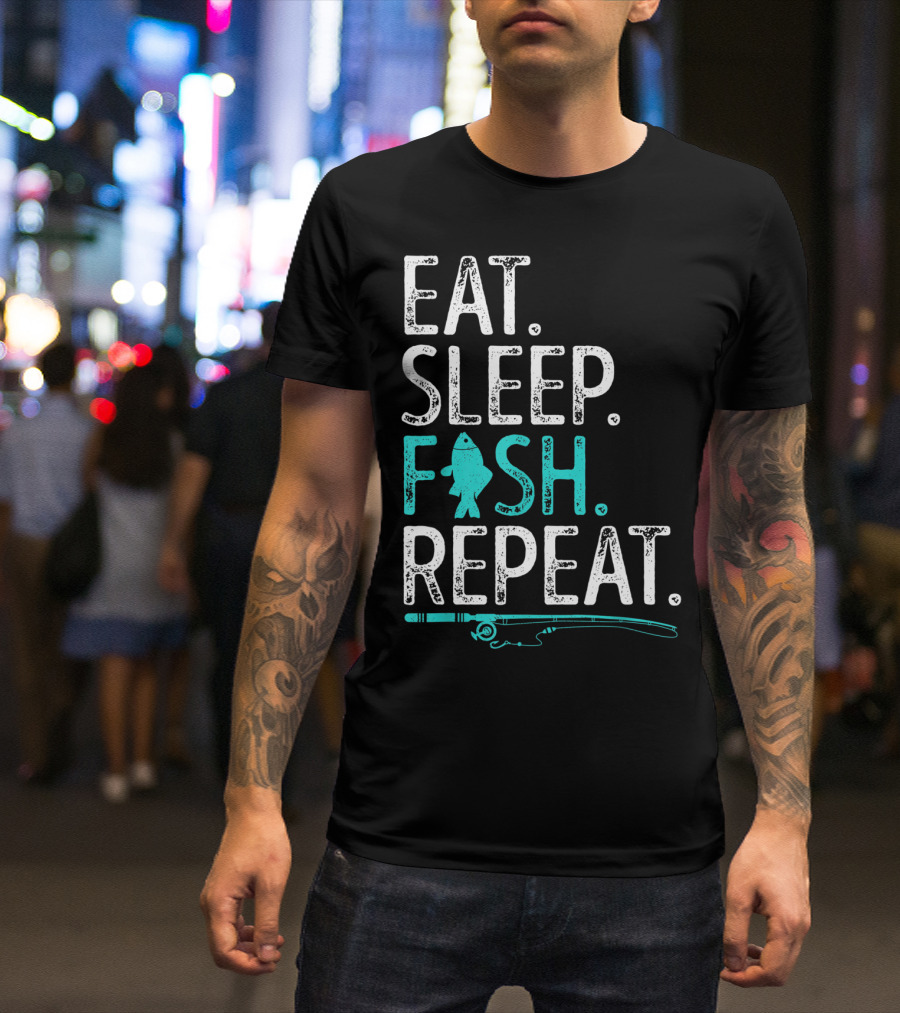 EAT SLEEP FISH REPEAT KIDS FISHING FISHING ROD TEAL FISH T-Shirt