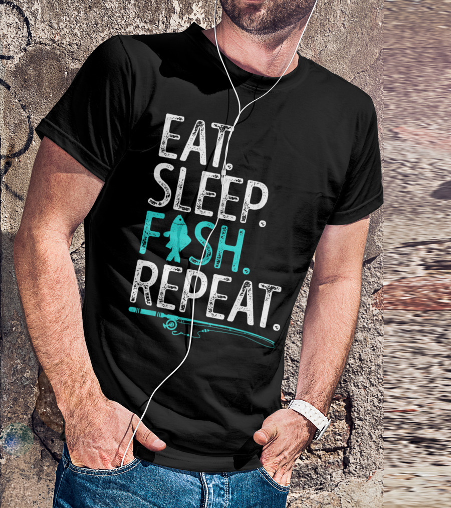 EAT SLEEP FISH REPEAT KIDS FISHING FISHING ROD TEAL FISH T-Shirt