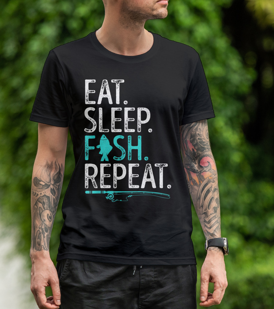 EAT SLEEP FISH REPEAT KIDS FISHING FISHING ROD TEAL FISH T-Shirt