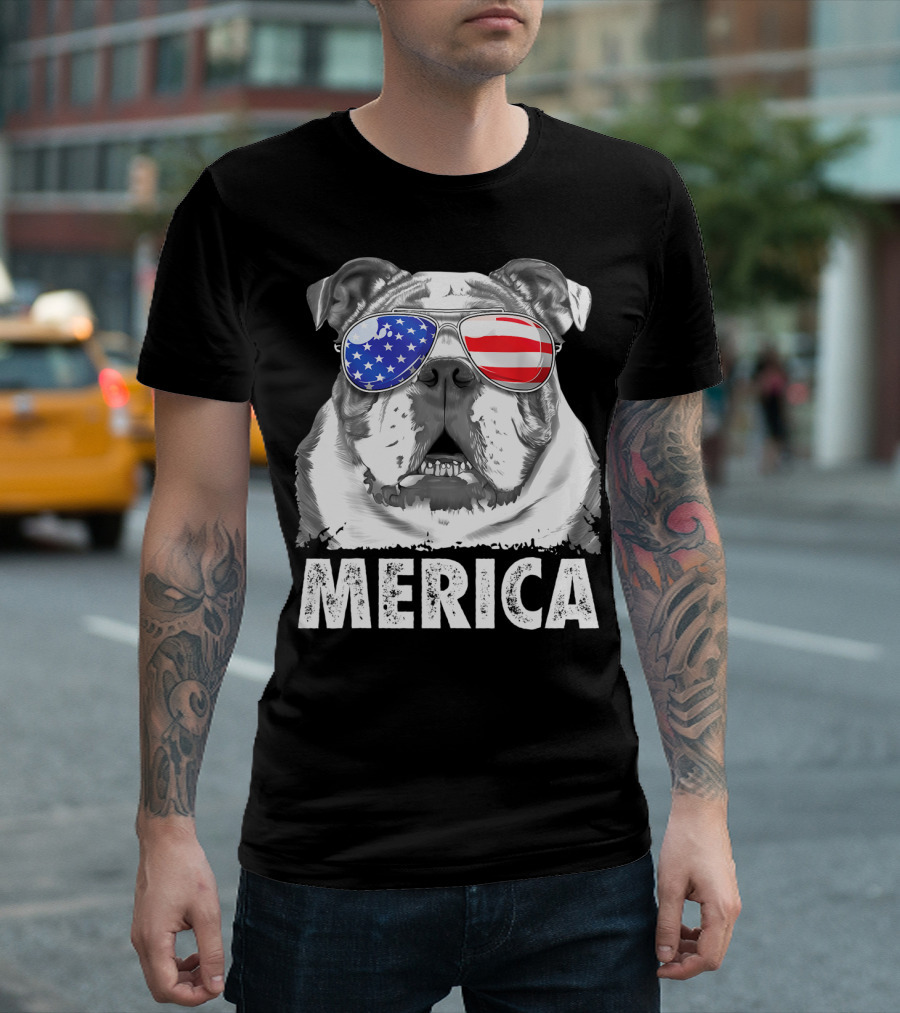 Merica English Bulldog USA Flag Sunglasses T-Shirt