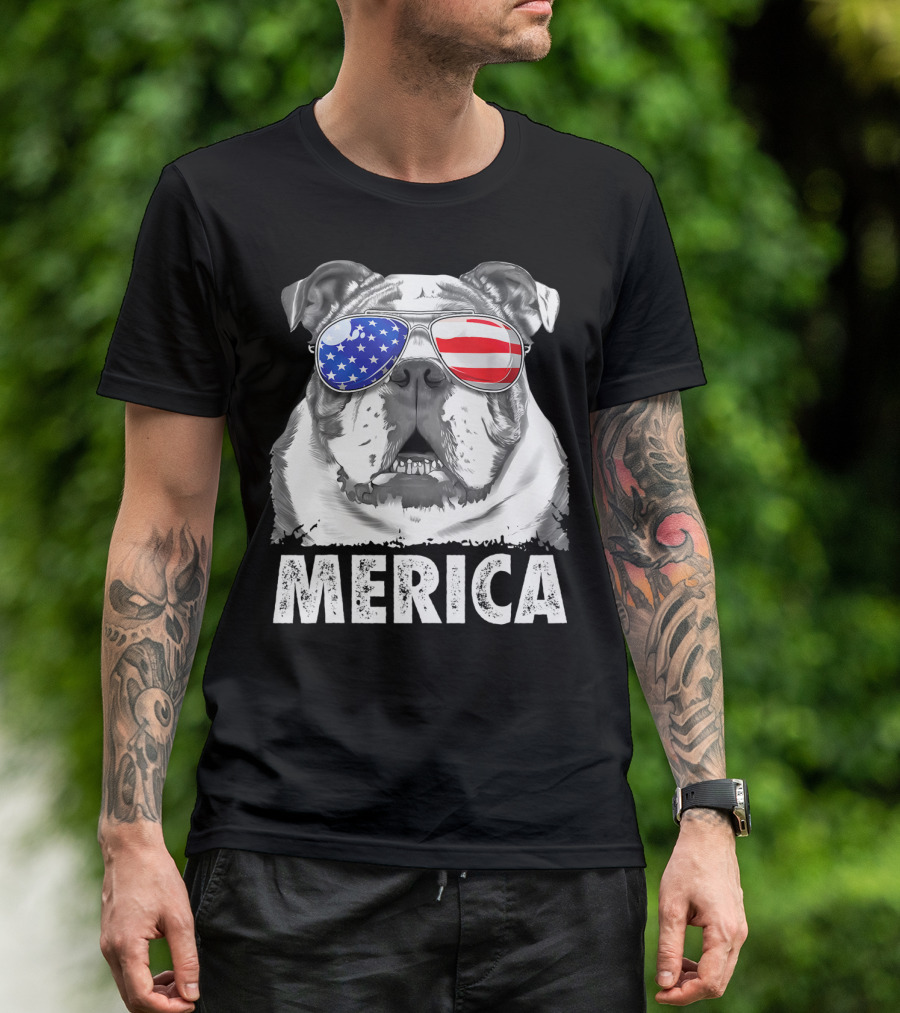 Merica English Bulldog USA Flag Sunglasses T-Shirt