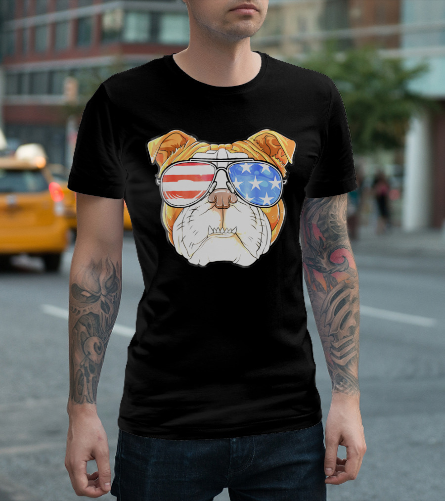 English Bulldog American Flag Sunglasses Patriotic 4th Of July Dog T-Shirt
