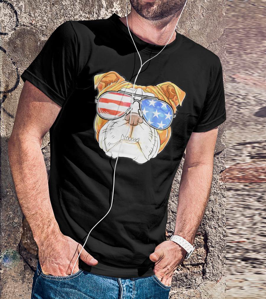 English Bulldog American Flag Sunglasses Patriotic 4th Of July Dog T-Shirt