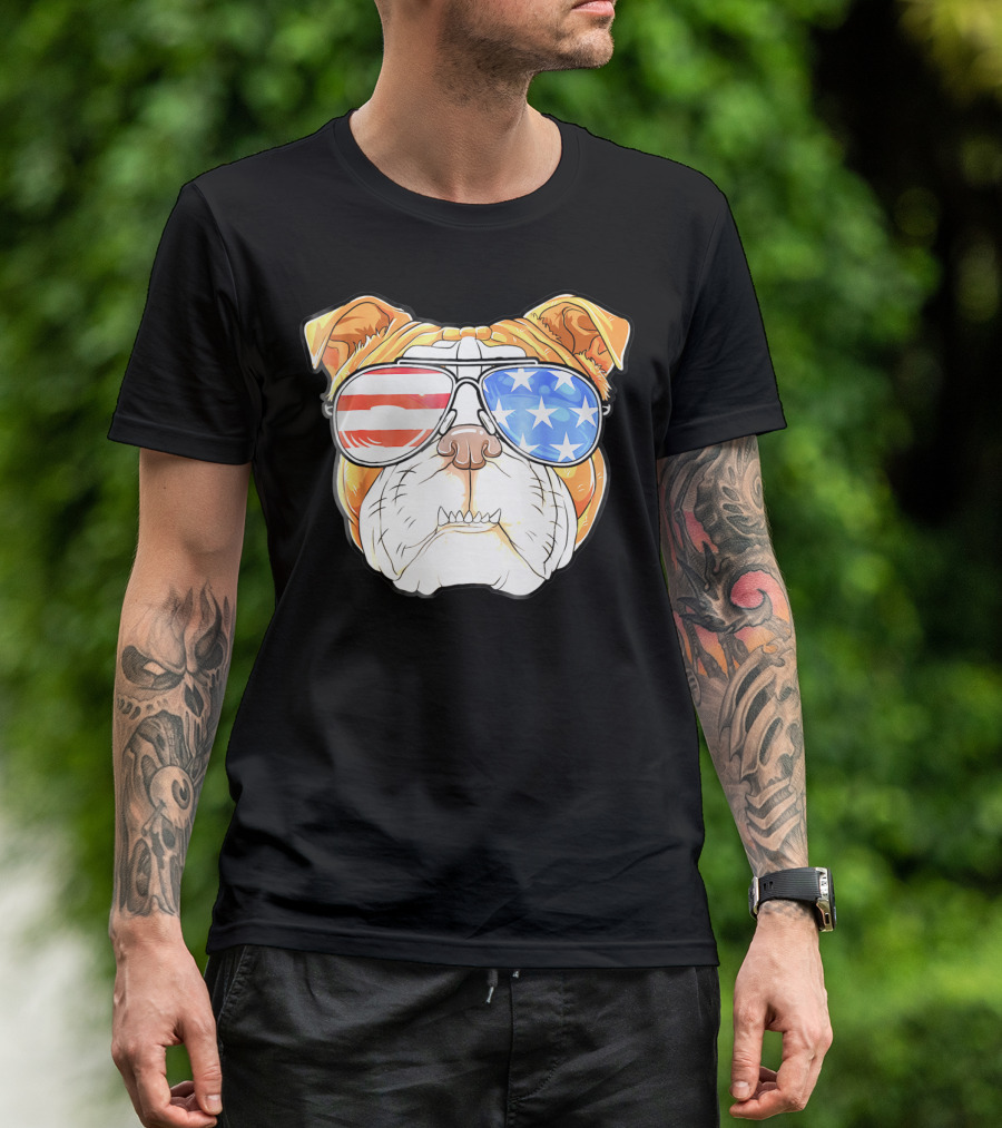 English Bulldog American Flag Sunglasses Patriotic 4th Of July Dog T-Shirt