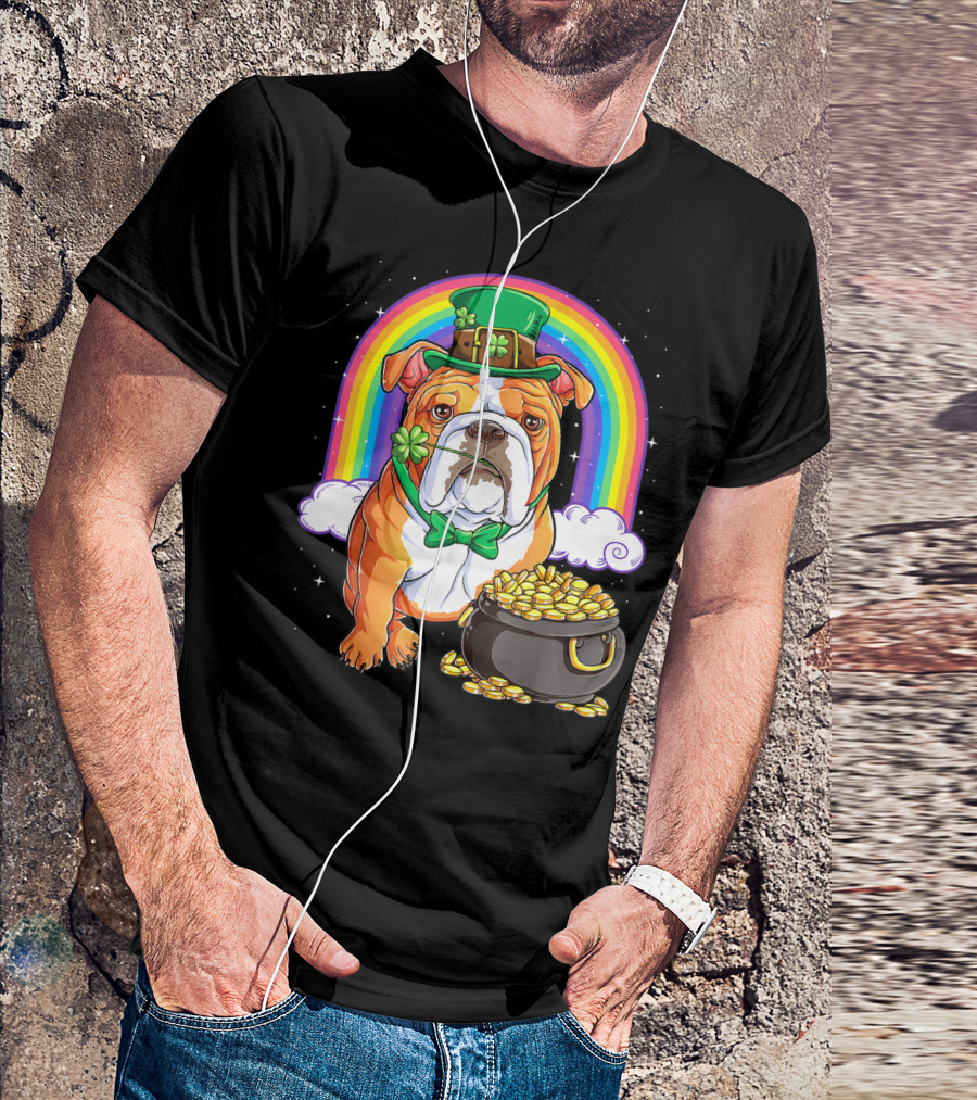 English Bulldog Leprechaun St Patricks Day Rainbow Gold Pot T-Shirt
