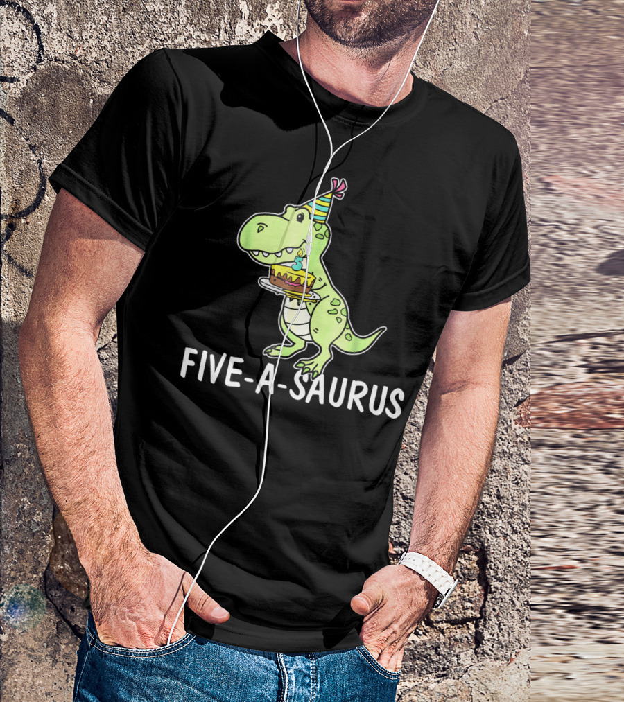 Five-A-Saurus T-Rex Birthday Cake Party Hat 5 Years Old T-Shirt