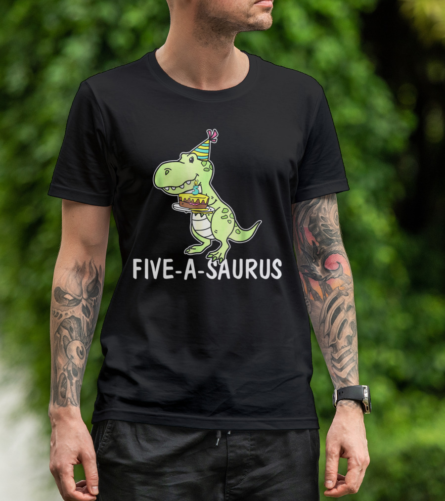 Five-A-Saurus T-Rex Birthday Cake Party Hat 5 Years Old T-Shirt