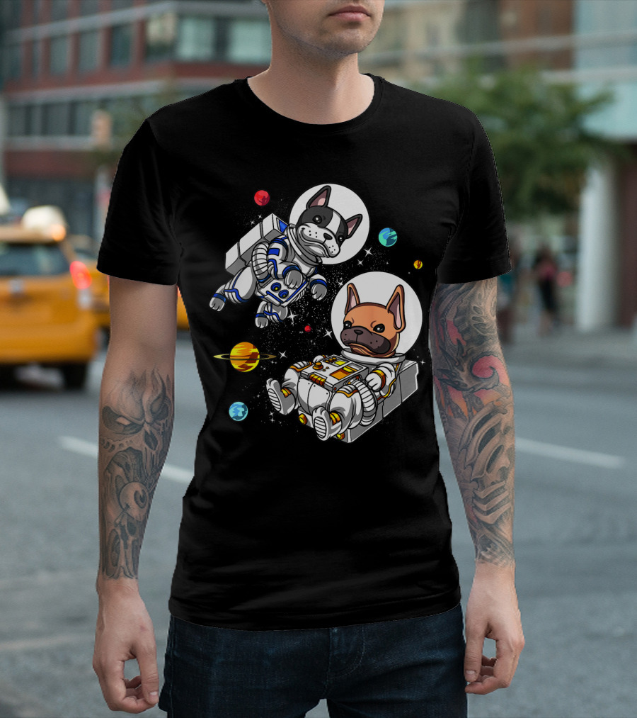 French Bulldog Astronauts In Space With Planets And Stars T-Shirt