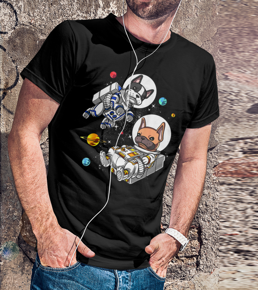 French Bulldog Astronauts In Space With Planets And Stars T-Shirt