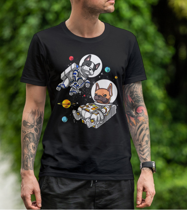 French Bulldog Astronauts In Space With Planets And Stars T-Shirt