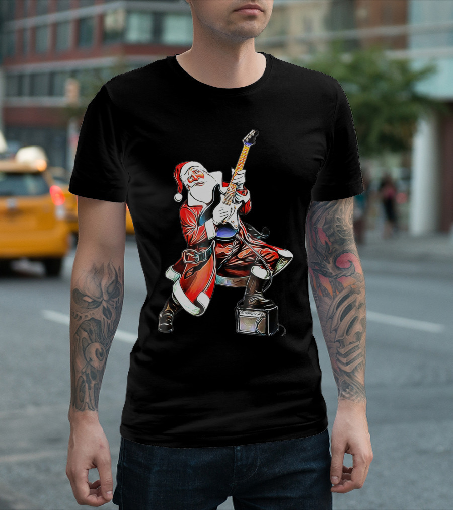 Funny Christmas Rock n Roll Santa Playing Guitar T-Shirt