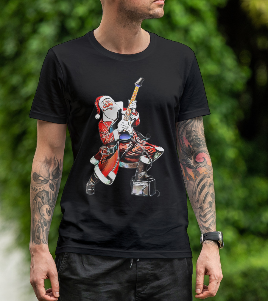 Funny Christmas Rock N Roll Santa Playing Guitar T-Shirt