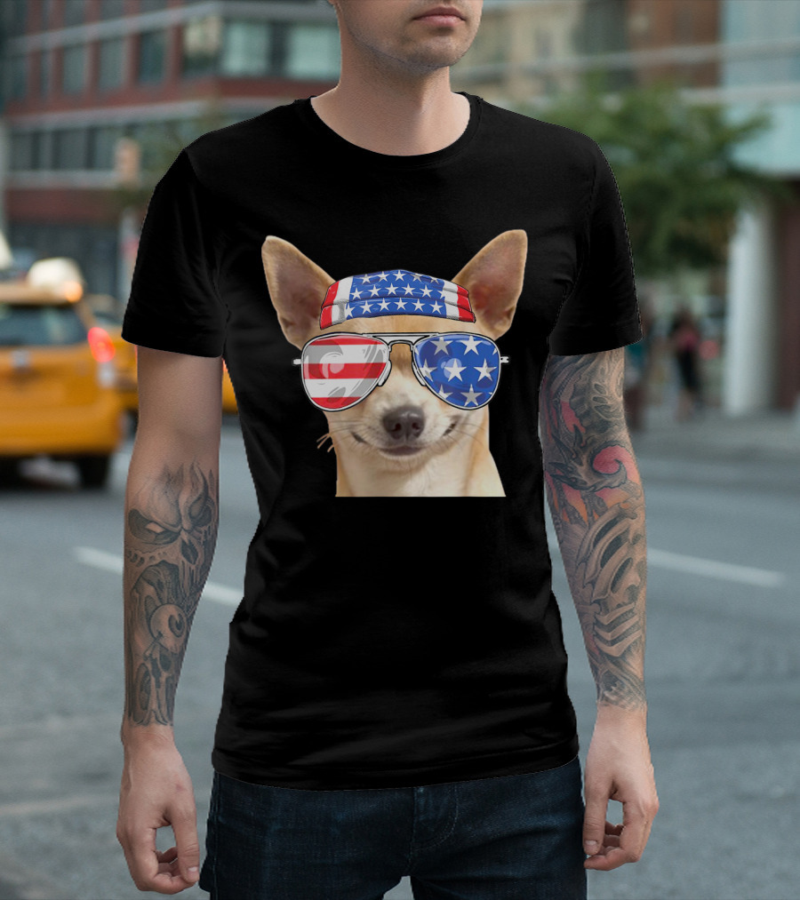 Patriotic Chihuahua With American Flag Bandana And Sunglasses For 4th Of July T-Shirt