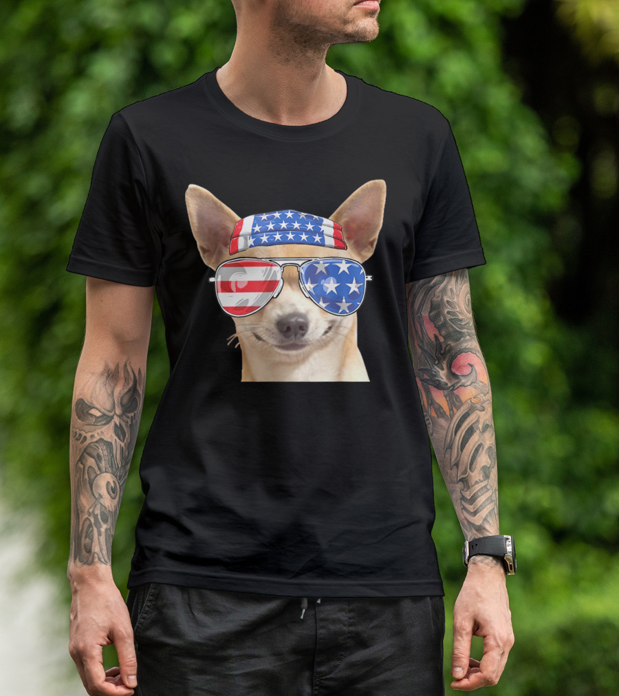 Patriotic Chihuahua With American Flag Bandana And Sunglasses For 4th Of July T-Shirt