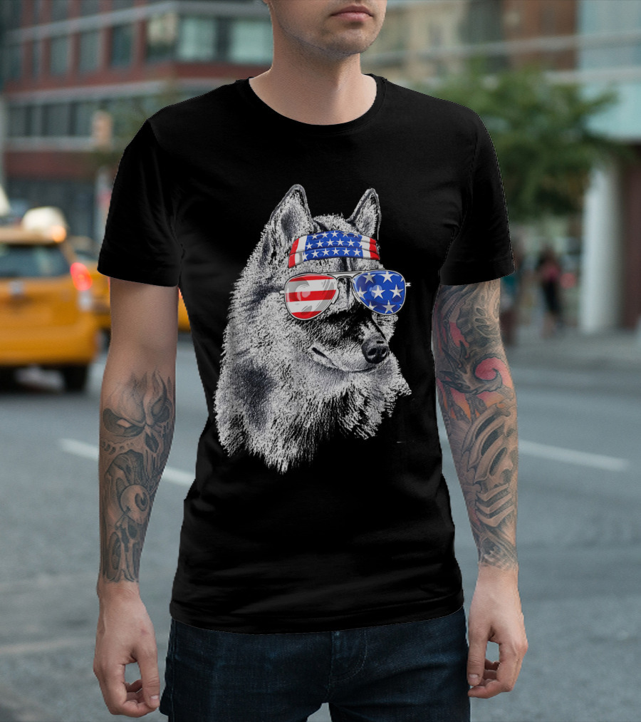 Patriotic Siberian Husky with American Flag Sunglasses Headband 4th of July T-Shirt