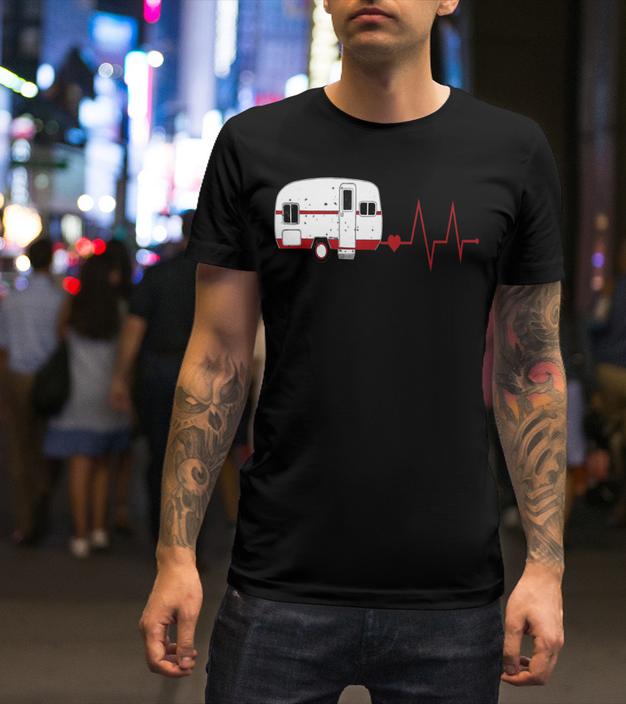 Funny Valentine's Day Camping Women Girls Heartbeat Camper T-Shirt