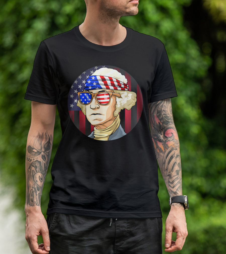 George Washington American Flag Bandana And Sunglasses 4th Of July Patriotic T-Shirt
