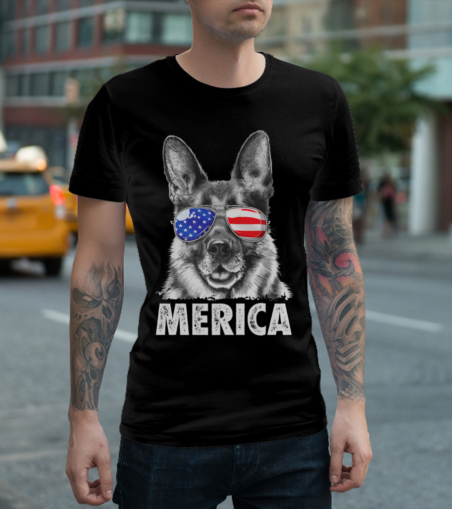 Merica German Shepherd USA Flag Sunglasses 4th of July T-Shirt