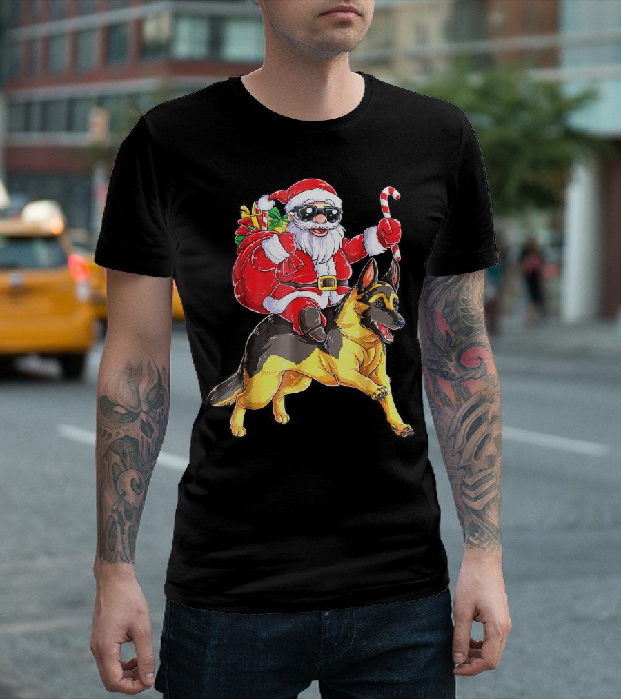 German Shepherd Woofmas with Santa Claus and Candy Cane T-Shirt