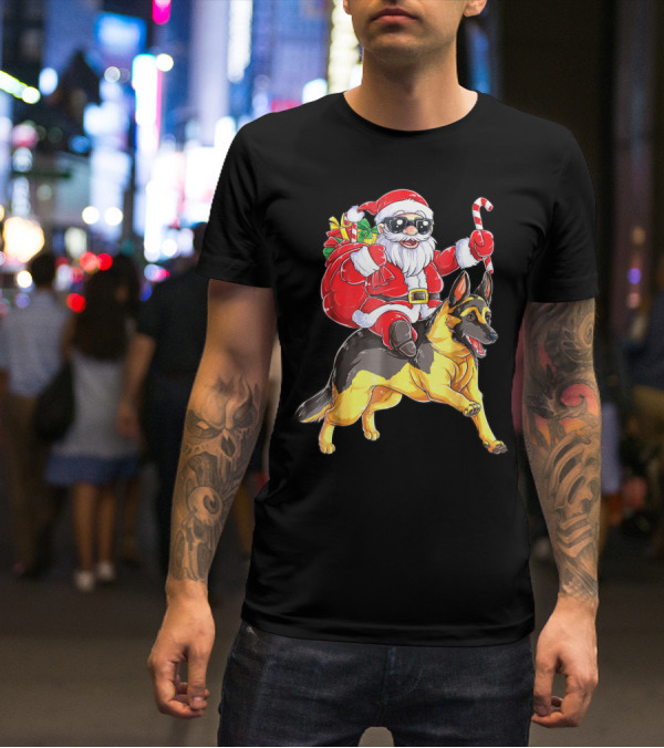 German Shepherd Woofmas With Santa Claus And Candy Cane T-Shirt