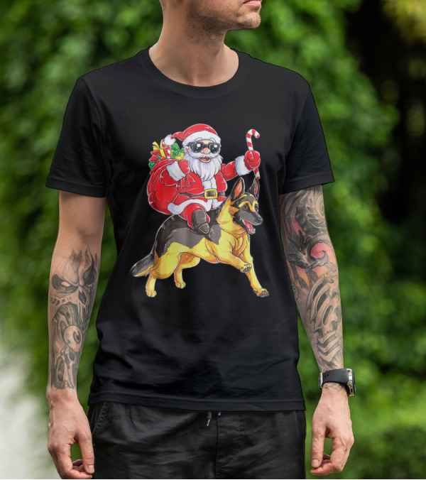 German Shepherd Woofmas With Santa Claus And Candy Cane T-Shirt