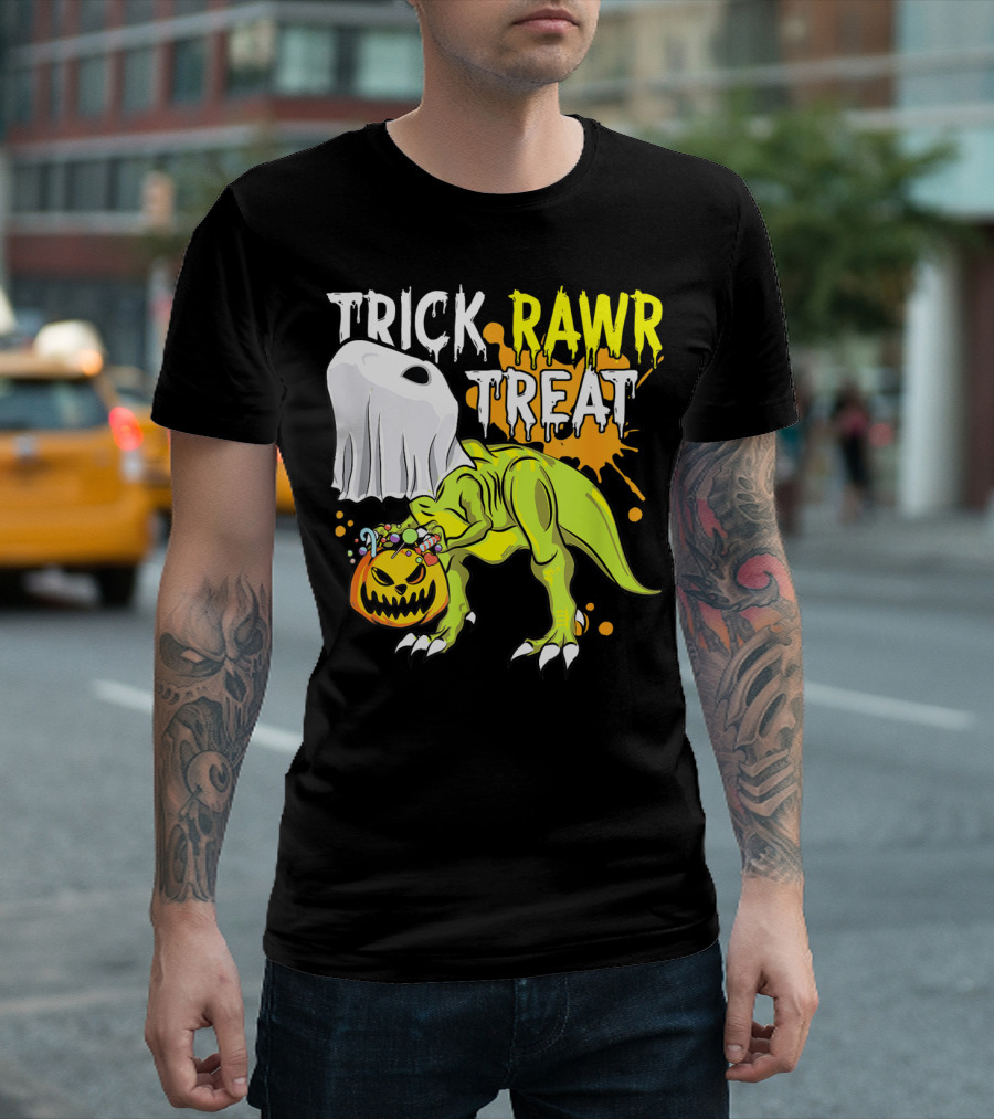 Trick Rawr Treat Halloween Dinosaur Ghost Pumpkin Boys T-Shirt