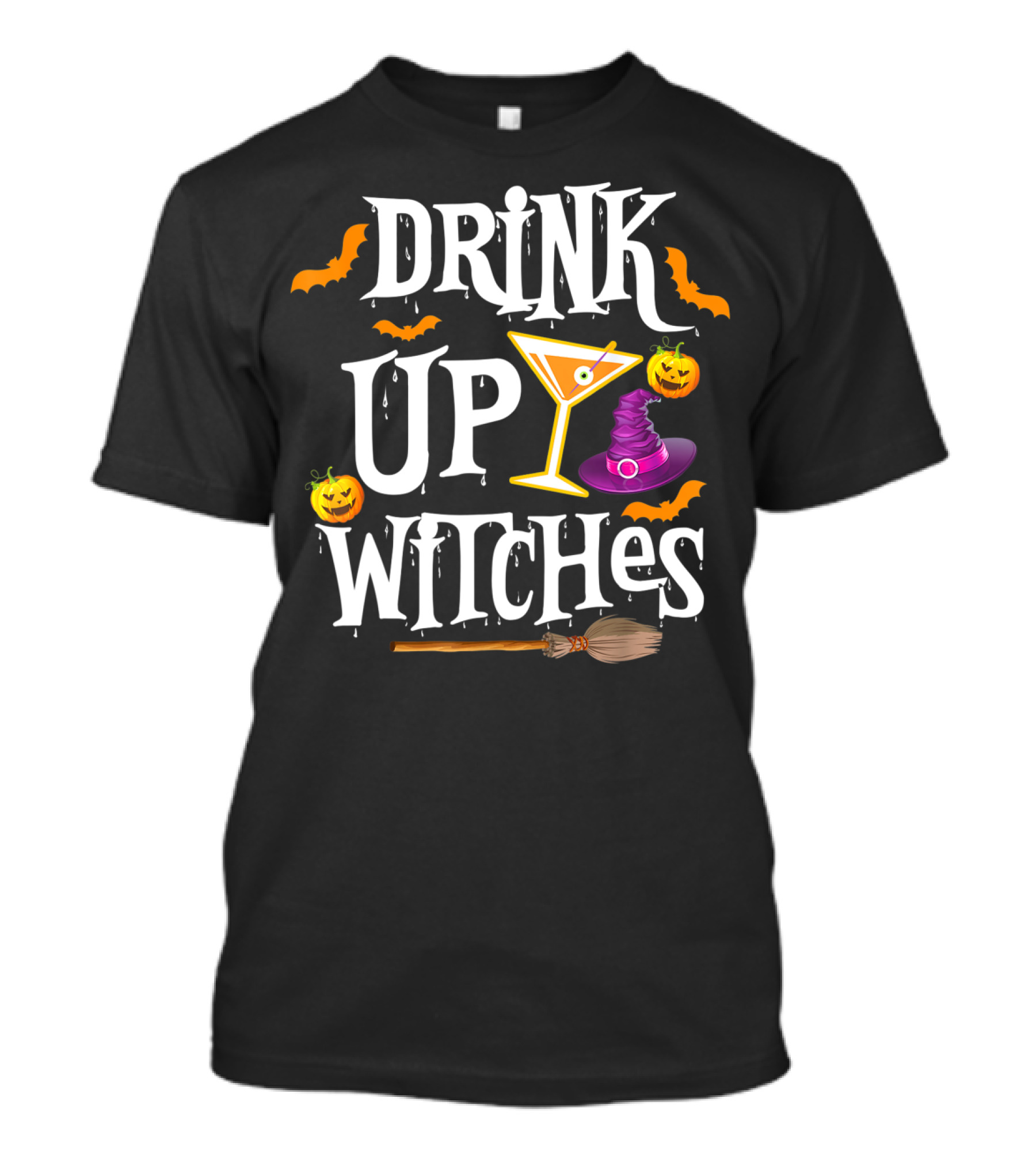 Drink Up Witches Halloween Costume Women Wine Hat Broom Martini T-Shirt