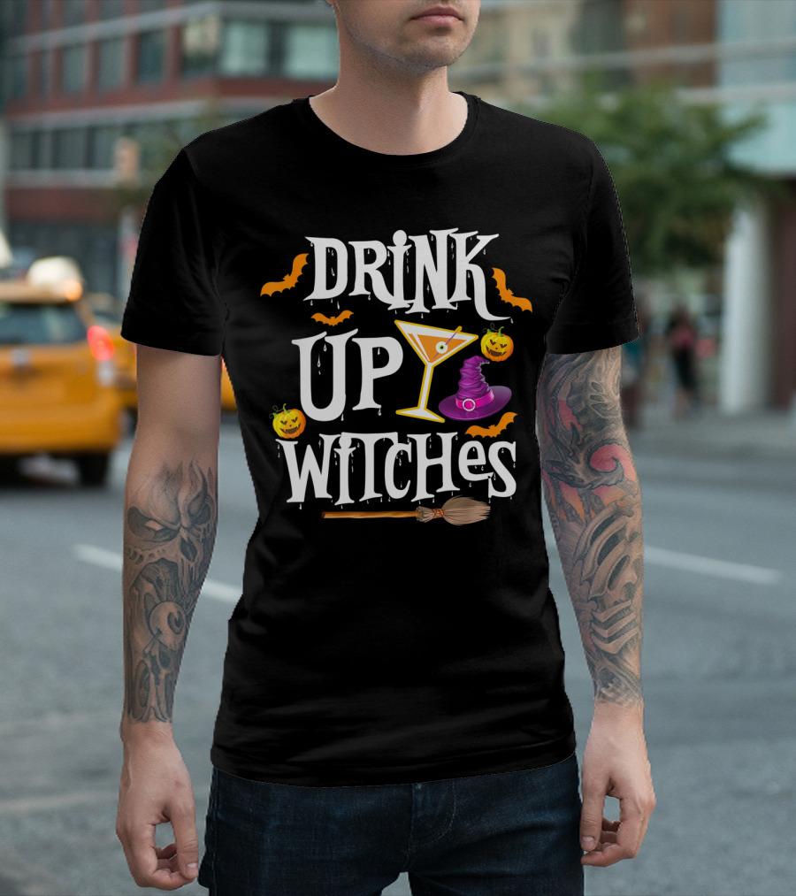 Drink Up Witches Halloween Costume Women Wine Hat Broom Martini T-Shirt