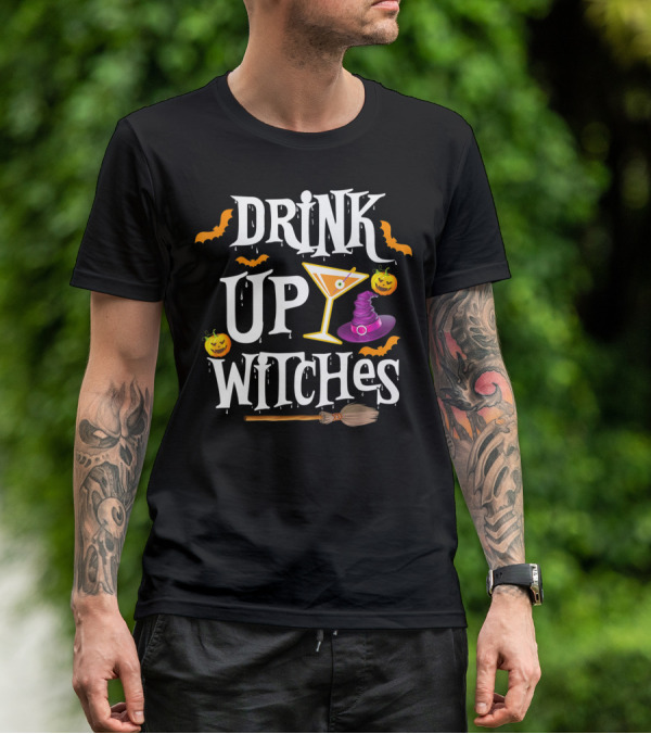 Drink Up Witches Halloween Costume Women Wine Hat Broom Martini T-Shirt