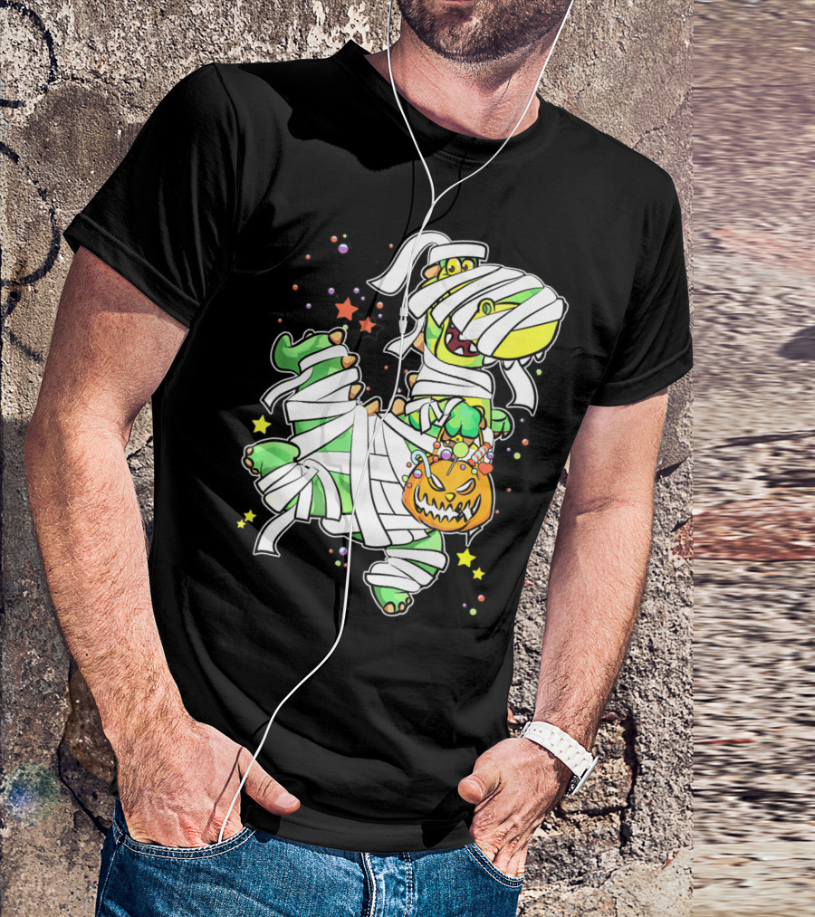 Halloween Mummy Dinosaur With Pumpkin Candy Basket T-Shirt