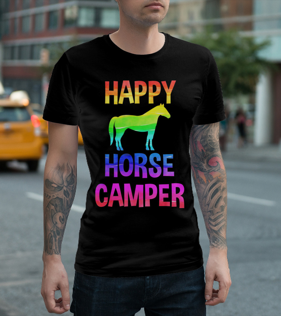 Happy Horse Camper Summer Camp Day Sleep Away Horseback Ride Rainbow T-Shirt