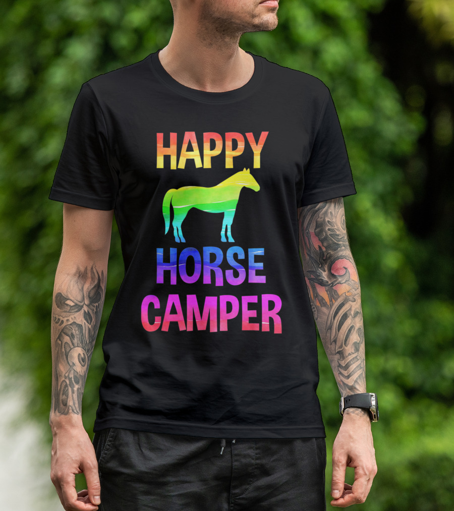 Happy Horse Camper Summer Camp Day Sleep Away Horseback Ride Rainbow T-Shirt